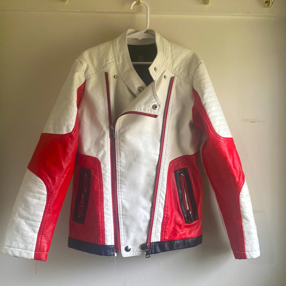 Child’s sz 9 white red and black leather Moto jacket